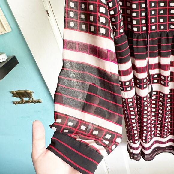 LOFT Round Neck Sheer Long Sleeve Tie Neck Knee Length Geometric Dress Medium - Picture 7 of 13